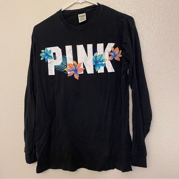 VS Victorias Secret PINK embroidered large logo long black crew neck Y2K S - Picture 1 of 10